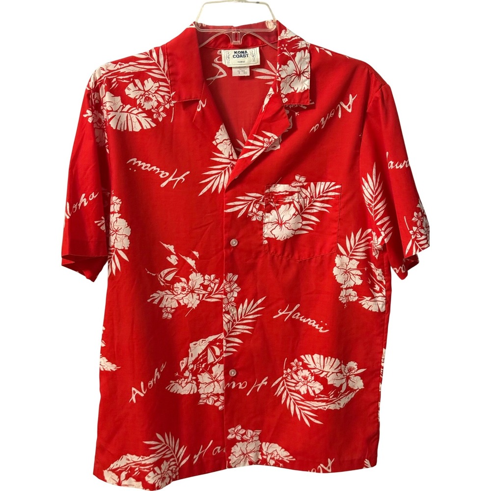 Vintage Kona Coast Hawaii Mens Red Hibiscus Aloha Shirt Made in USA Medium